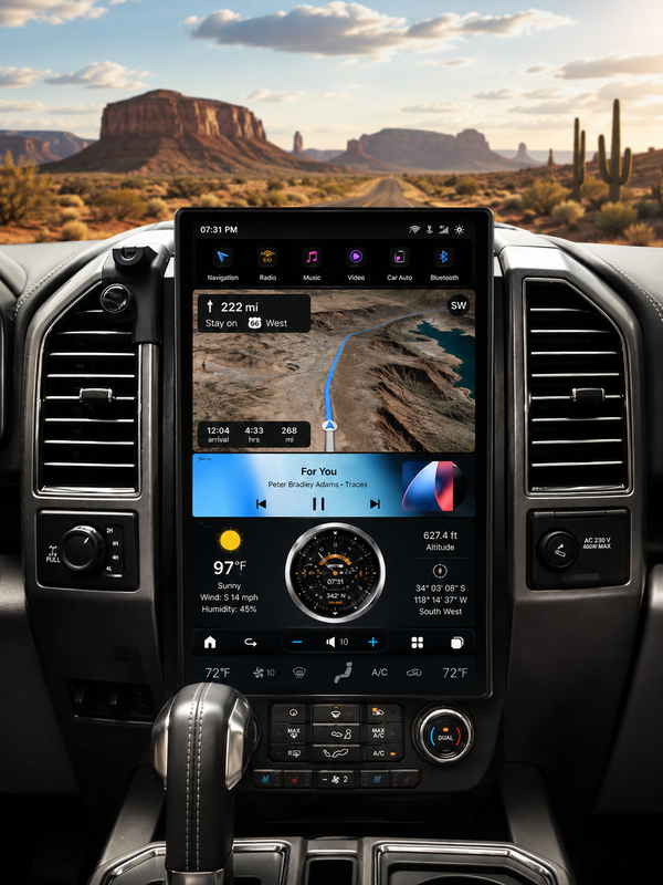 14.4-inch vertical screen upgrade installed in a 2015–2020 Ford F-150 showing Android CarPlay home