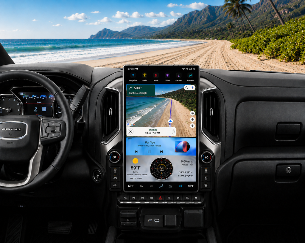 GMC Denali dashboard with Mozart Electronics Apple CarPlay navigation screen, truck parked on a beach