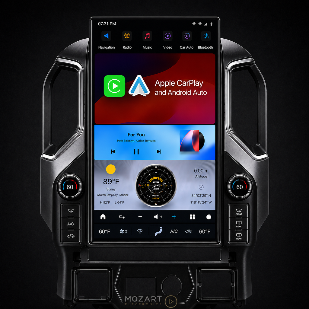 Mozart Electronics wireless Apple CarPlay and Android Auto screen for GMC Sierra Denali on black background