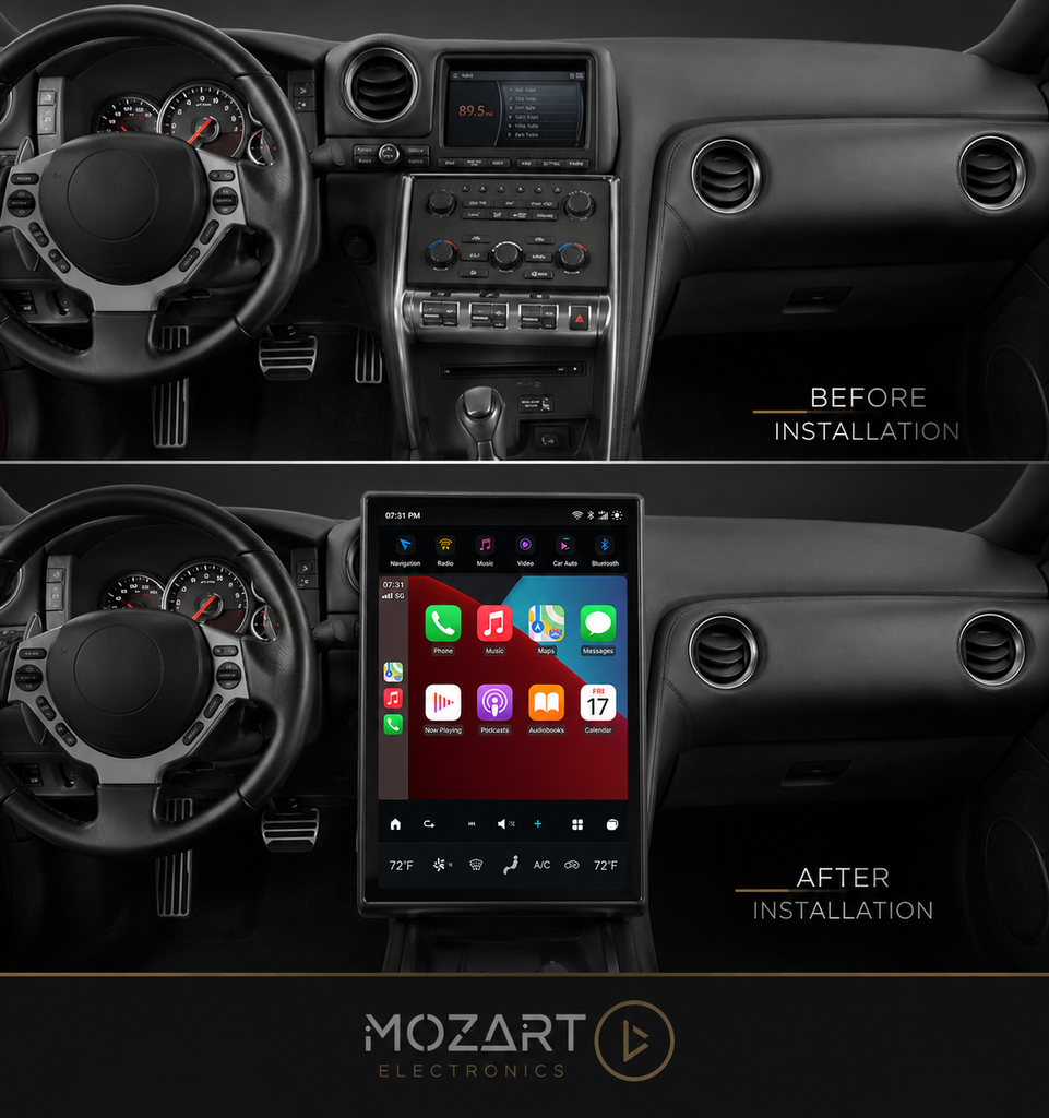 Nissan GT-R R35 dashboard before and after the 14.5-inch screen upgrade