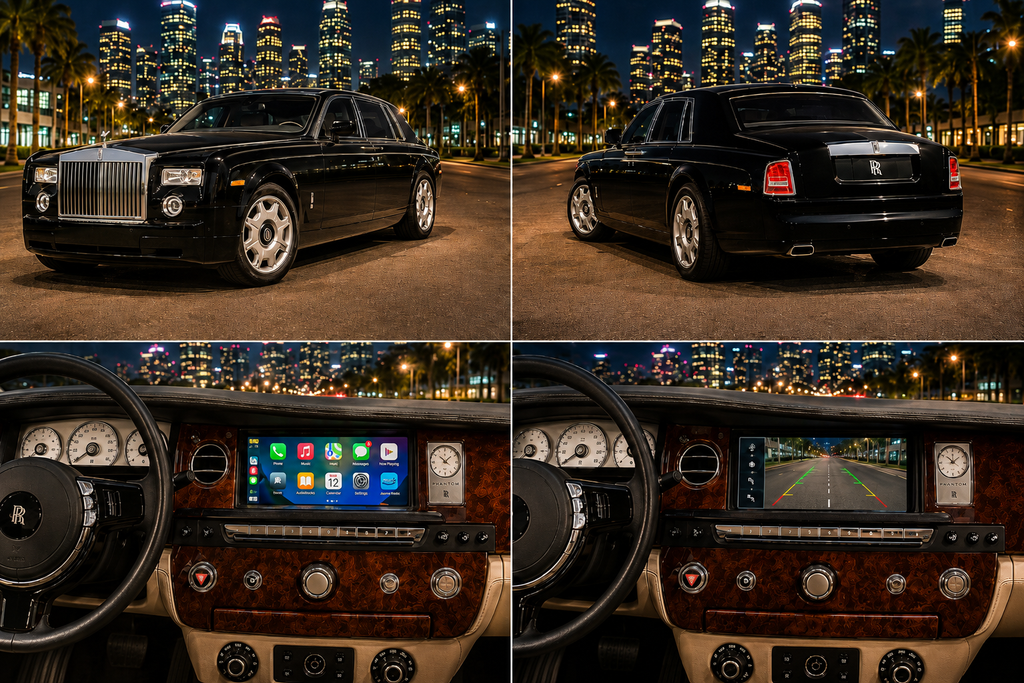 Rolls-Royce Phantom Series II 2013-2017 Apple CarPlay screen upgrade
installed in the center dash, wide touchscreen running the CarPlay home
screen between the round chrome air vents
