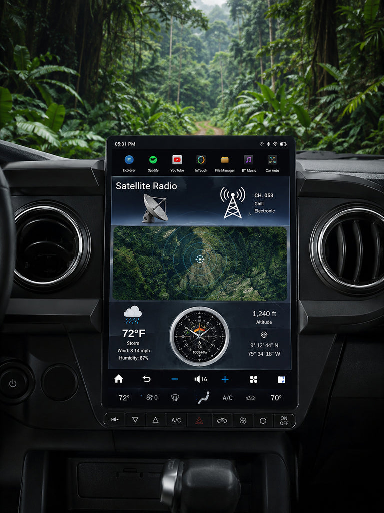 Toyota Tacoma screen upgrade kit — 13.8-inch touchscreen unit, plug-and-play harness and antennas