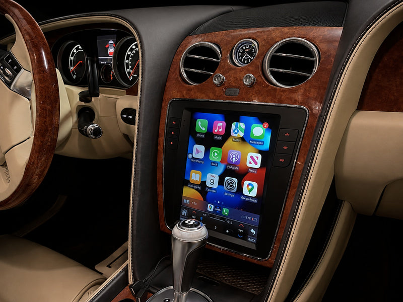 Bentley 10.4 inch screen upgrade running Apple CarPlay, installed in a Continental GT with tan leather interior