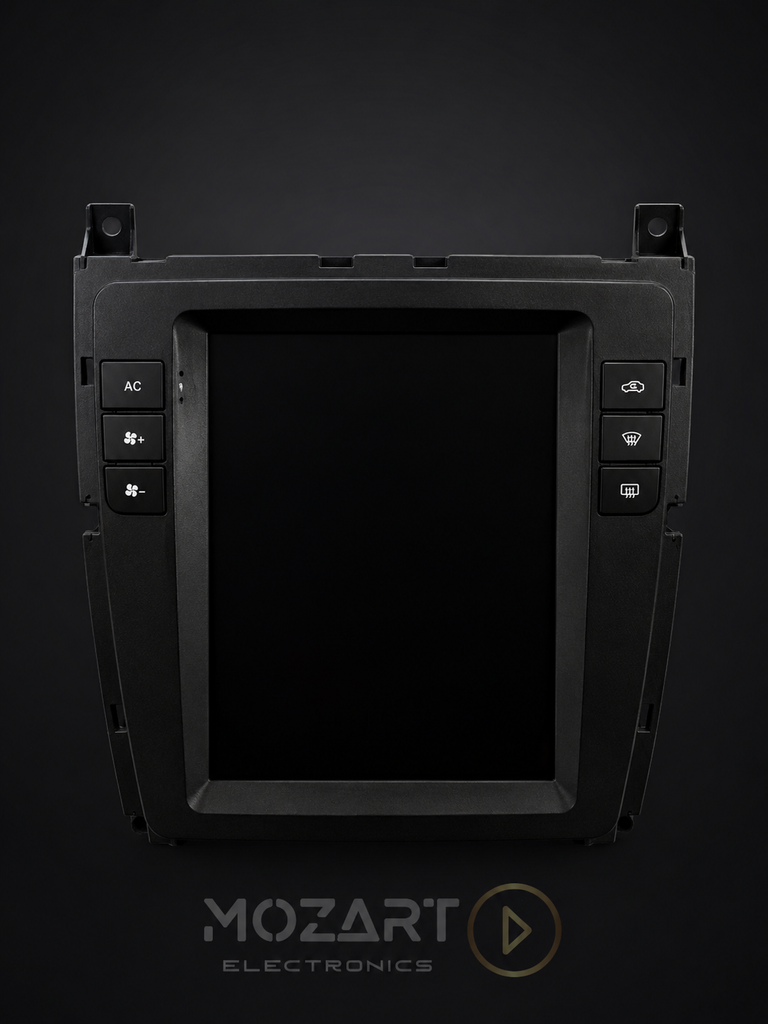 Bentley 10.4 inch touchscreen head unit with side buttons and mounting brackets on a dark studio background