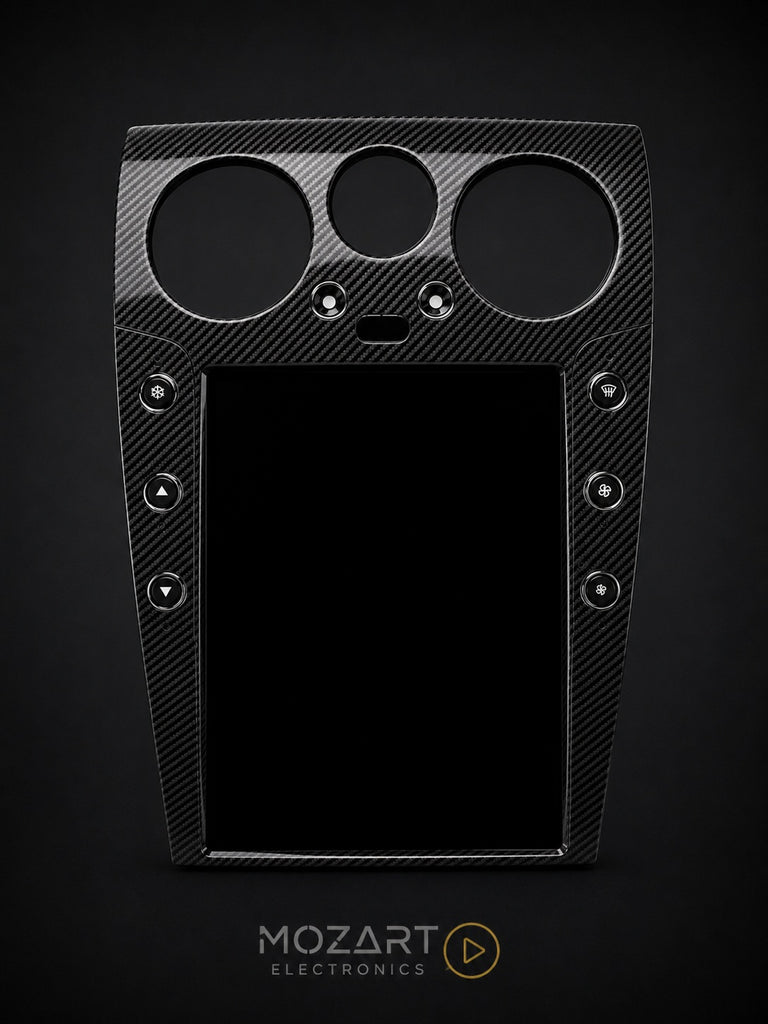 Bentley screen upgrade in carbon fiber, installed in the dashboard running the Apple CarPlay home screen