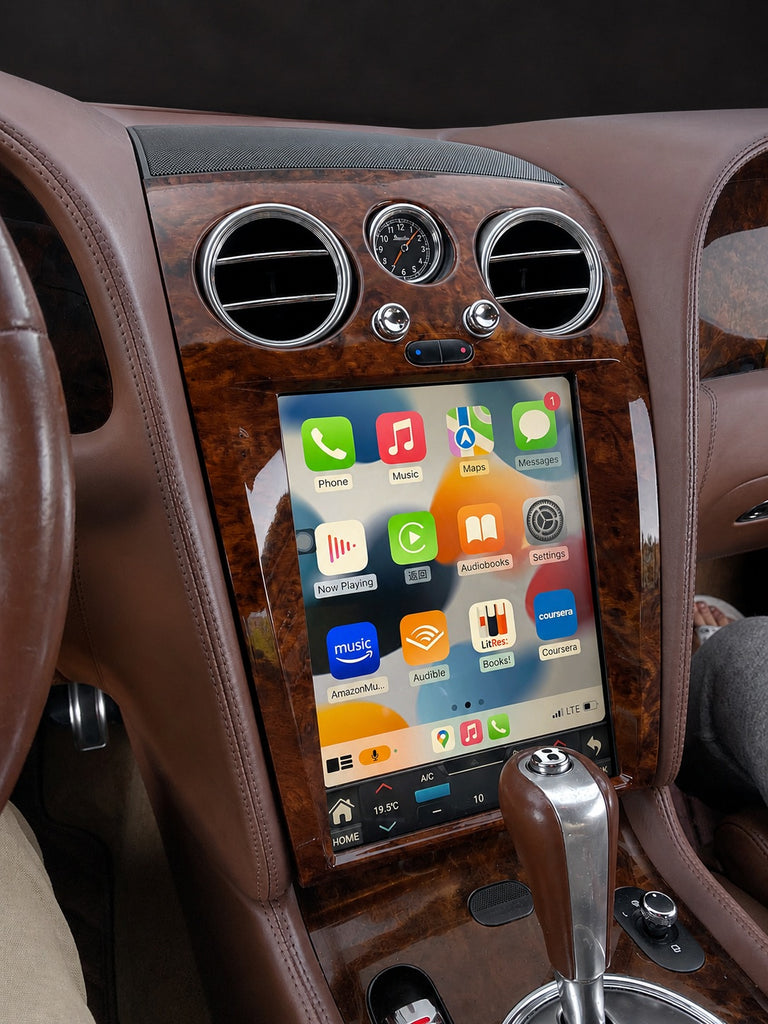 Bentley screen upgrade in dark woodgrain trim installed in a Continental GT with tan leather interior