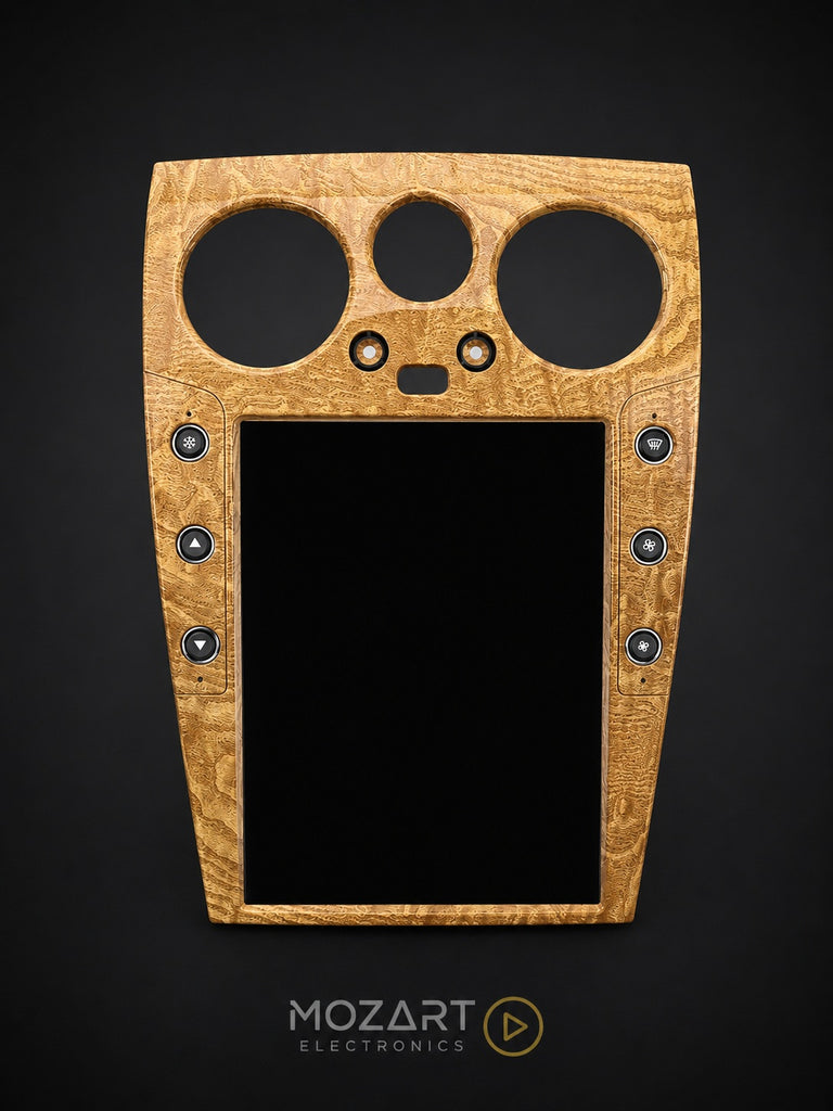 Bentley screen upgrade framed in light woodgrain trim, matched to the factory dashboard finishBentley screen upgrade framed in light woodgrain trim, matched to the factory dashboard finish