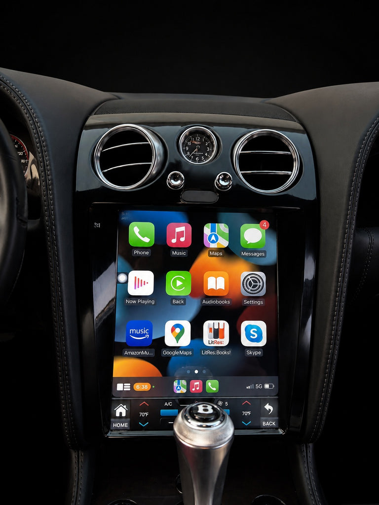 Bentley screen upgrade in piano black trim installed in the centre console running Apple CarPlay