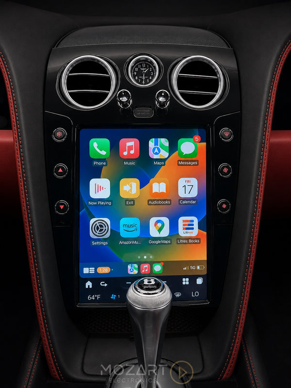 Bentley screen upgrade in piano black, installed in the dashboard running the Apple CarPlay home screen