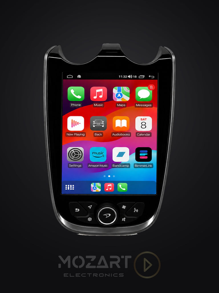 McLaren CarPlay screen upgrade in gloss black, front view running the Apple CarPlay home screen