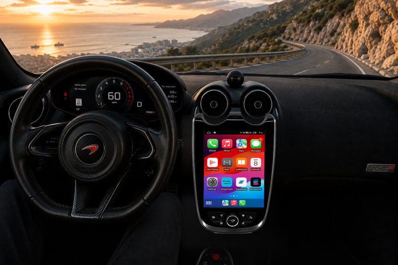 McLaren CarPlay screen upgrade in gloss black, front view running the Apple CarPlay home screen