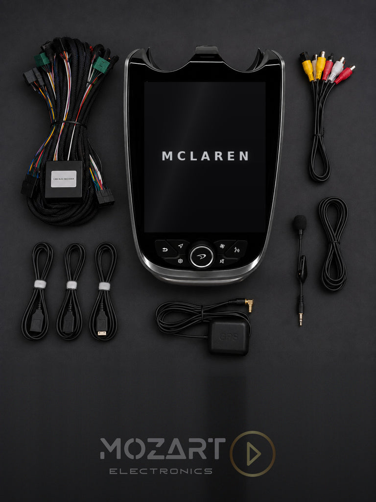 McLaren screen upgrade installed in the dashboard, running Apple CarPlay with factory climate controls kept below